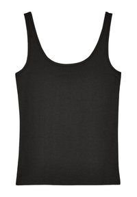 Canotta nera con scollo rotondo, realizzata in tessuto morbido, con spalline sottili e design aderente. Nessun motivo o dettaglio visibile.