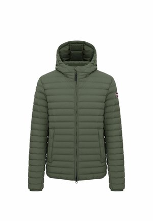 Grüne, gesteppte Puffjacke mit Kapuze, Frontreißverschluss und seitlichen Taschen. Glatte Textur mit horizontalen Nähten. Logopatch am Ärmel.