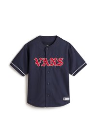Maglietta a maniche corte blu navy con accenti bianchi, con un grande logo rosso "VANS" sul davanti e cinque bottoni neri lungo il centro.