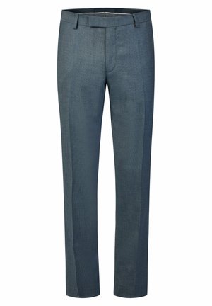 Maßgeschneiderte dunkelblaue Hose aus strukturiertem Stoff, mit flacher Vorderseite, schmaler Passform, zwei seitlichen Taschen und einem glatten Bund.