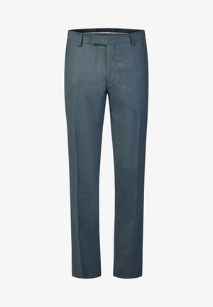 Maßgeschneiderte dunkelblaue Hose aus strukturiertem Stoff, mit flacher Vorderseite, schmaler Passform, zwei seitlichen Taschen und einem glatten Bund.