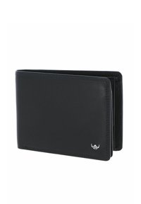 Portefeuille bifold en cuir noir avec un petit logo métallique en bas à droite, montré partiellement ouvert sur fond blanc.