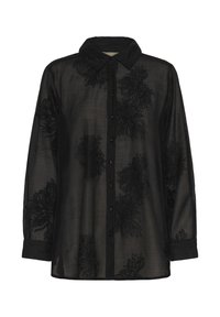 Black sheer blouse with long sleeves, a collar, and button front. Features black floral embroidery and textured cuff detail.