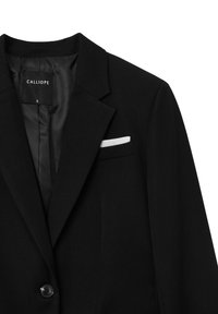 Black blazer with a notched collar, single button closure, and a white pocket square. Interior features smooth black lining. Size S.