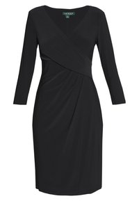 Svart omlottklänning i stretchig tyg. Har en v-ringning, trekvartslånga ärmar och draperad detalj vid midjan. Slät textur.
