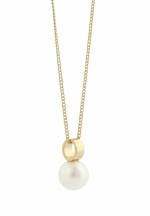 Gold chain necklace with a circular gold pendant holding a single large white pearl suspended below it.
