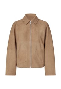 Καφέ σουέτ μπουφάν με γιακά, μπροστινό φερμουάρ και δύο εφαρμοστές τσέπες. Λείος υφή με απλό, κλασικό σχέδιο.