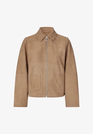 Pruun suède jacke, mille, ees luku sulgemine ja kaks õmblustaskut. Sile tekstuur lihtsa ja klassikalise kujundusega.