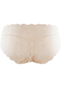 Majtki z koronkowymi detalami w jasnym beżu, z falbaniastymi brzegami i kwiatowymi wzorami. Wykonane z miękkiego, elastycznego materiału dla komfortu.
