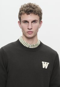 Dark knit sweater with a round neck, featuring a white letter "W" logo on the left chest. Worn over a green and white striped collared shirt.
