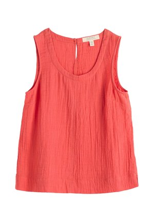 Débardeur en coton corail sans manches avec encolure ronde et fines rayures verticales texturées, étiqueté Seasalt Organic Cotton.