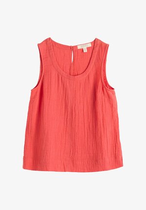 Korallivärvi puuvillane varrukateta topp ümmarguse kaelusega ja peente tekstuursete vertikaalsete triipudega, märgistatud Seasalt Organic Cotton.