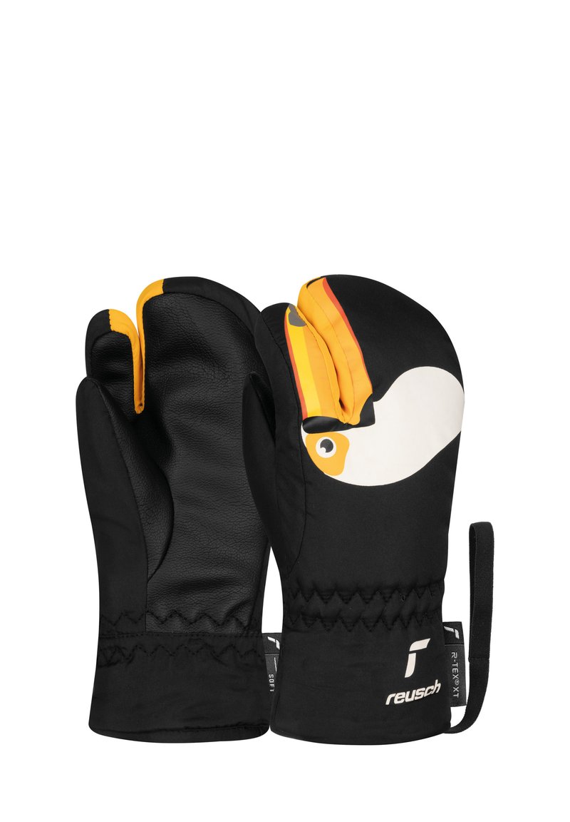 Schwarze Handschuhe mit einer Lederhandfläche, die oben ein buntes Tukangestaltung zeigen. Enthält einen Riemen und strukturierte Akzente.