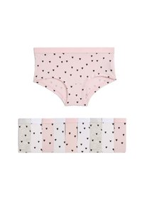 Sæt af ti pigers hipsterundertøj i pink, hvid og grå med sorte hjerte-mønstre, præsenteret fladt på en hvid baggrund.