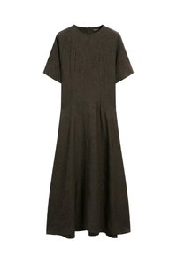 Kurzärmeliges, knöchellanges Kleid aus dunkelgrünem strukturiertem Stoff mit rundem Halsausschnitt und verdecktem Reißverschluss auf der Rückseite.
