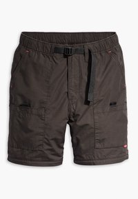 Tmavě hnědé cargo šortky vyrobené z lehkého materiálu, s elastickým pasem, nastavitelným pásem a dvěma bočními kapsami.