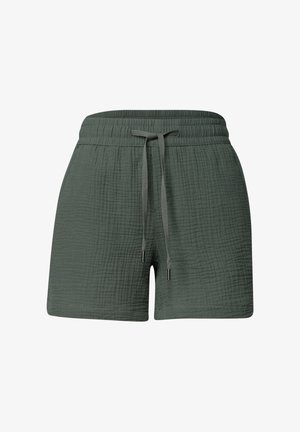 Dunkelgrüne Shorts aus strukturiertem Stoff mit elastischem Bund und Kordelzug vorne, legerer Stil.