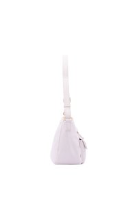 Borsa a mano in pelle bianca con una sola tracolla, forma arrotondata e tasca laterale. Presenta dettagli in metallo dorato per gli accenti. Texture liscia.