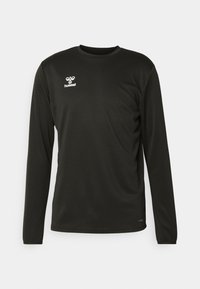 Langärmliges schwarzes Sportshirt aus feuchtigkeitsableitendem Material, mit Rundhalsausschnitt und einem weißen Logo auf der oberen linken Brustseite.