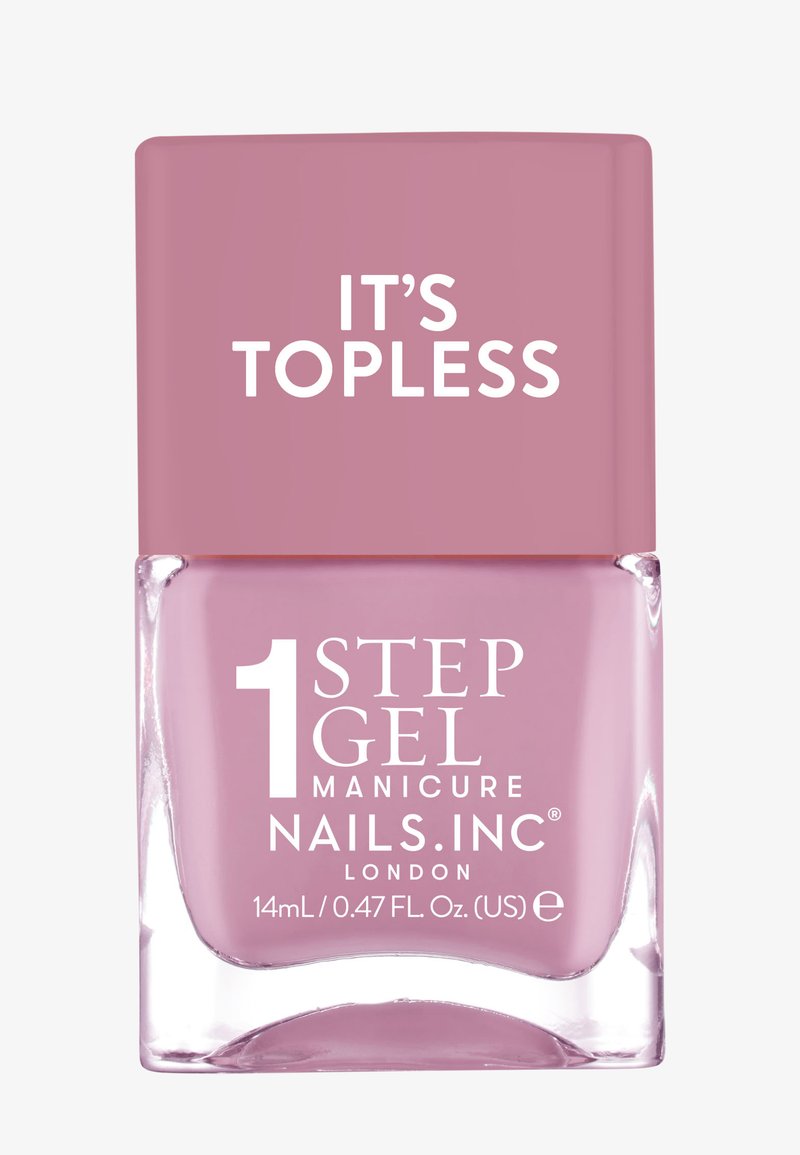 Nagellackflaska med en fyrkantig, klar glasbas och ljusrosa lack inuti. Korken är solid rosa med vit text som säger "DET ÄR TOPPLÖST."