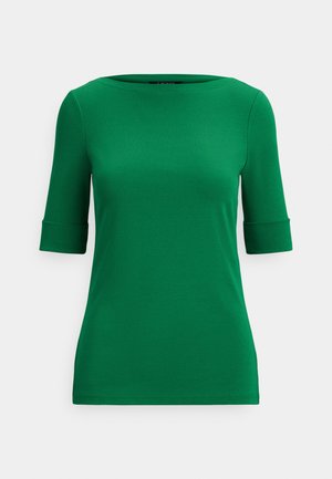 Grünes Kurzarmtop mit rundem Ausschnitt. Hergestellt aus einem glatten Stoff. Verfügt über umgeschlagene Ärmelbündchen und eine taillierte Silhouette. Keine Muster oder Akzente.