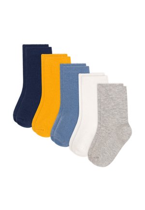 Baumwoll-Sneakersocken-Set in Marineblau, Gelb, Blau, Weiß und Grau. Gerippte Textur, verschiedene einfarbige Farben, jeweils mit einem Crew-Längen-Design.