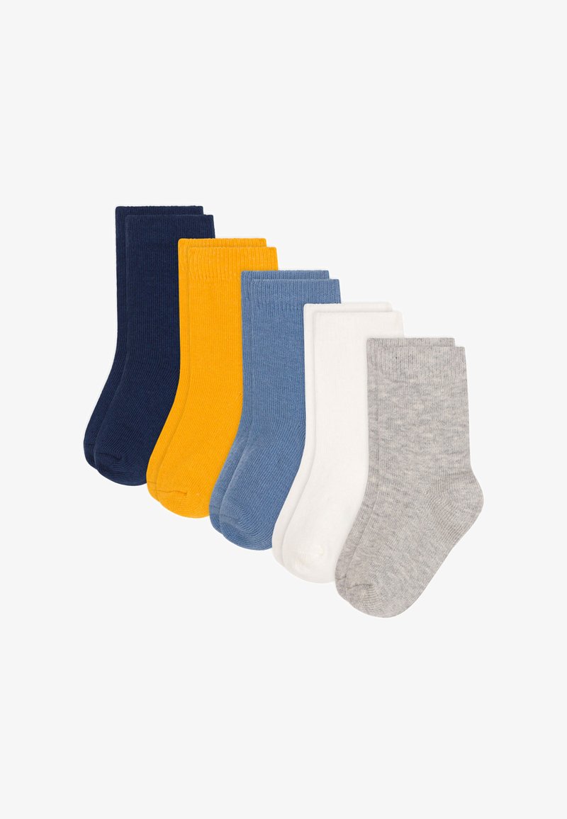 Set di calzini alla caviglia in cotone nei colori blu navy, giallo, blu, bianco e grigio. Texture a coste, vari colori solidi, ciascuno con un design di lunghezza crew.