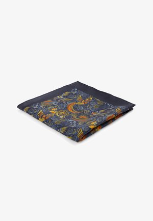 Square silk scarf featuring a blue background with intricate floral and bird patterns in orange, yellow, and white accents. Smooth texture.