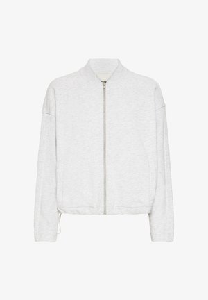 Hellgraue Bomberjacke mit Reißverschluss vorne, geripptem Kragen und Bündchen; verfügt über einen strukturierten, weichen Stoff und seitliche Taschen.