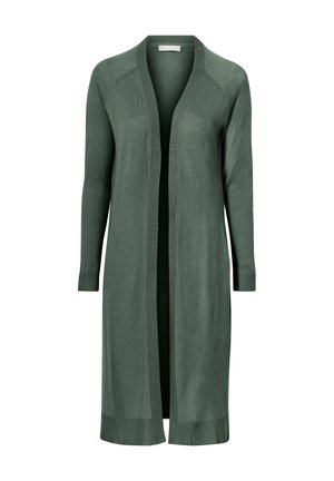 Knælængde, åbent cardigan i et blødt, afdæmpet grønt strikket stof. Har lange ærmer, ribbede manchetter og en lige kant.