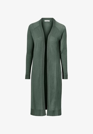 Knie-lange, open voorkant cardigan van een zachte, gedempte groene brei stof. Heeft lange mouwen, geribde boorden en een rechte zoom.