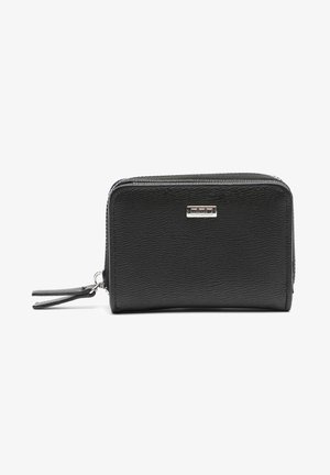 Portefeuille en cuir noir avec surface texturée, fermeture éclair, accent logo argenté et deux tirettes de fermeture éclair. Design compact et rectangulaire.