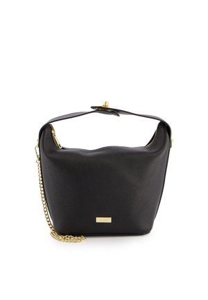 Black leather handbag with a soft, textured finish. Features a gold chain strap and a top zipper closure. Logo plate on the front.