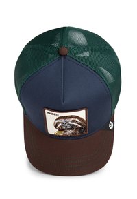 Baseball kapa s zelenom mrežastom stražnjom stranom, tamnoplavom prednjom stranom i smeškim vizorom. Sadrži aplikaciju grafike lenjivca s tekstom "FADED" iznad.
