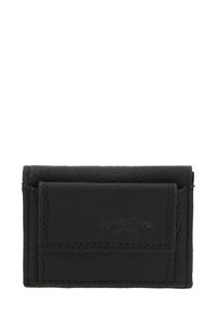 Schwarzer Leder-Kartenhalter mit strukturierten Oberflächen, ausgestattet mit einer Frontklappen-Tasche und geprägtem Logo. Kompakte rechteckige Form.