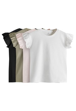 Quattro camicie a maniche corte con maniche arricciate in nero, verde oliva, rosa chiaro e bianco, disposte affiancate su uno sfondo bianco.