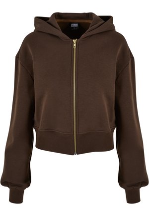 Brun cropped zip hette laget av mykt stoff. Har gullglidelås, hette med snor og ribbestrikkede mansjetter og hem for en strukturert passform.