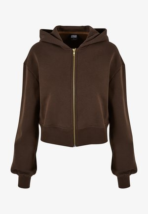 Brauner, kurzer Reißverschluss-Hoodie aus weichem Stoff. Verfügt über einen goldenen Reißverschluss, eine Kordelzugkapuze und gerippte Bündchen sowie einen Saum für eine strukturierte Passform.