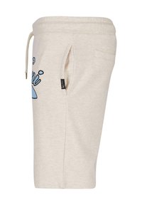 Shorts en coton beige avec une taille à cordon, poches latérales, un design graphique bleu et une petite étiquette noire sur le côté.