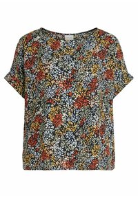 Kukka-aiheinen lyhythihainen toppi, jossa on musta tausta ja monivärisiä lehtiä oranssina, vihreänä ja valkoisena. Irtonainen malli.