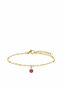 Gouden kettingarmband met een ronde roze stenen bedel, met een kreeftsluiting en een verstelbare ketting voor maatvoering.