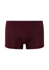 Burgundské boxerky vyrobené z měkké, elastické látky s přiléhavým střihem, vybavené podpůrným předním váčkem a plochými švy pro pohodlí.