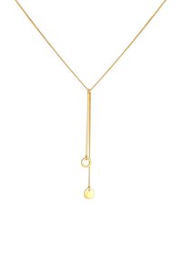 Collier doré avec une chaîne fine, accent circulaire et pendentif, créant un effet superposé. Fini lisse, design épuré.