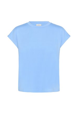 Šviesiai mėlynas, trumpomis rankovėmis marškinėlis su apvaliu kaklu. Lygi medžiaga, laisvas kirpimas ir jokios matomos raštai ar akcentai.