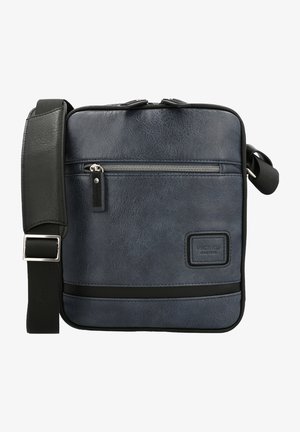 Gray faux leather messenger bag with a zippered front pocket, adjustable strap, and black accents. Square shape and textured surface.