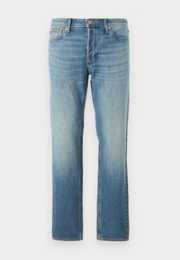 Lichtblauwe denim jeans met een recht gesneden ontwerp, voorzien van een vervaagde afwerking, koperen klinknagels en klassieke vijf-pocket styling.