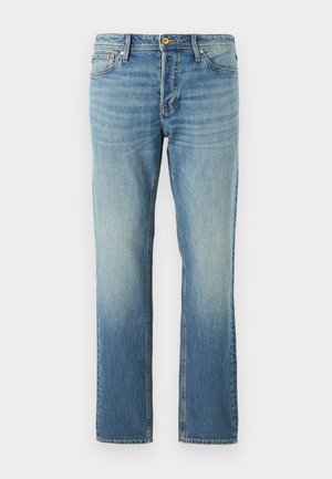 Jasnoniebieskie dżinsy o prostym kroju, z wyblakłym wykończeniem, miedzianymi nitami i klasycznym pięciopocketowym stylem.