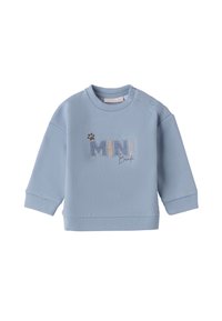Felpa per bambini di colore azzurro chiaro in morbido tessuto, con colletto rotondo, maniche lunghe e la scritta "MINI Banda" ricamata con texture varie.