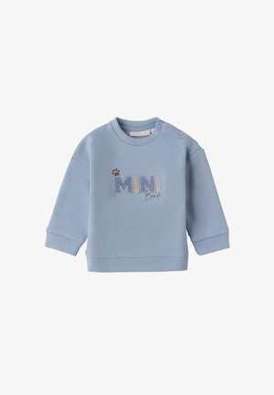 Hellblauer Kinder-Sweatshirt aus weichem Stoff, mit Rundhalsausschnitt, langen Ärmeln und in unterschiedlichen Texturen besticktem "MINI Banda".
