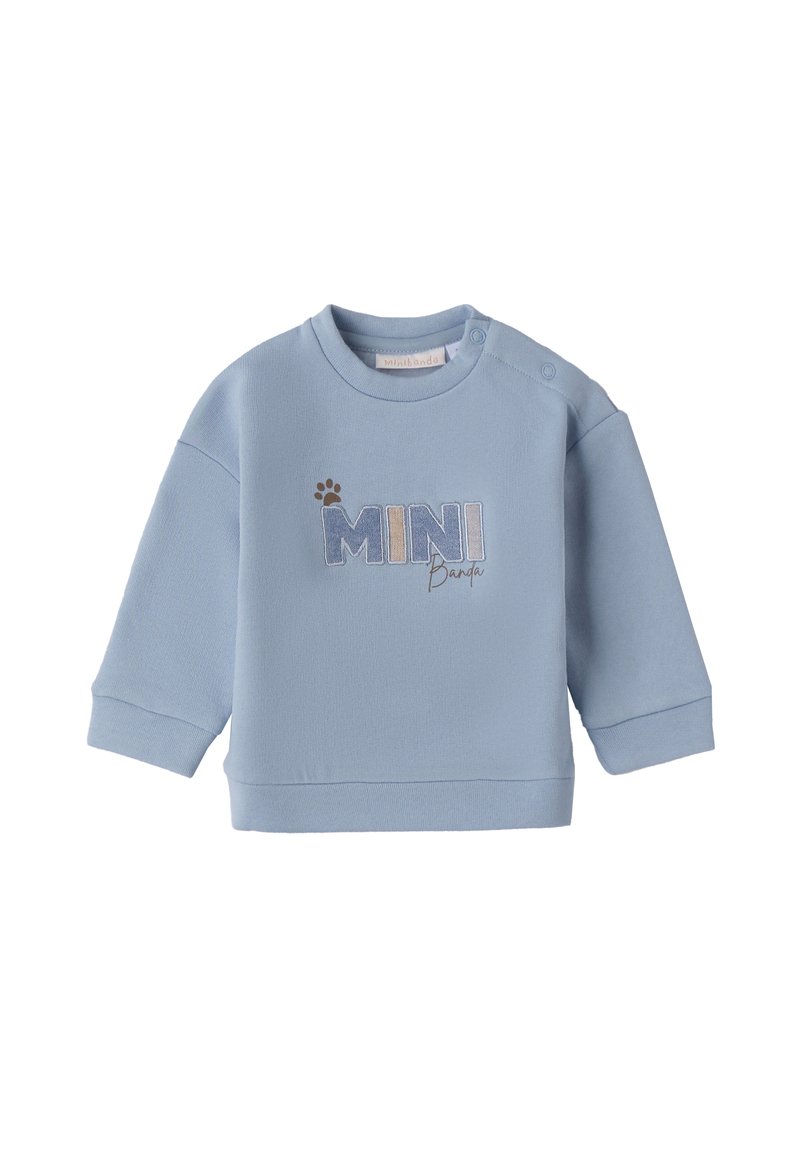 Felpa per bambini di colore azzurro chiaro in morbido tessuto, con colletto rotondo, maniche lunghe e la scritta "MINI Banda" ricamata con texture varie.